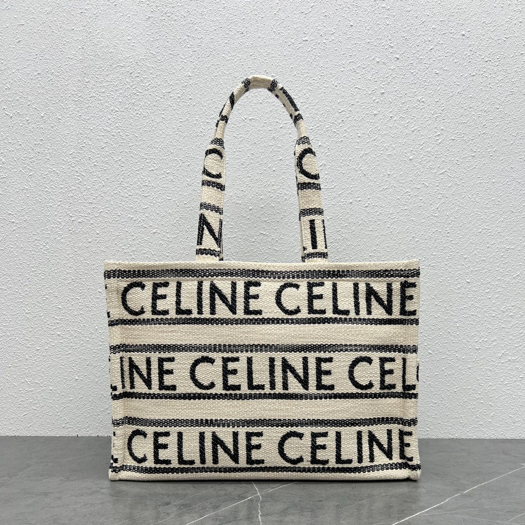 Celine Large Cabas Thais In Striped Textile With Celine Jacquard And Calfskin Cream/Black 196762